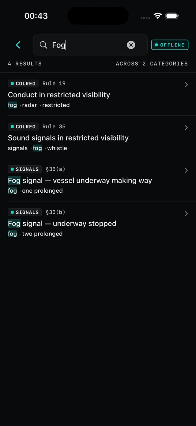 Development screenshot of Deneb showing search results for fog, including Rules 19 and 35
